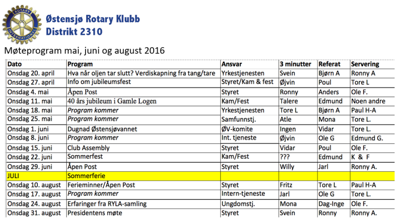 Oppdatert møteprogram ut august 2016